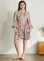 Roiii Women A-Line Floral Print Button Down Long Sleeve Casual Dresses V Neck Embroidery Shift Swing Dress