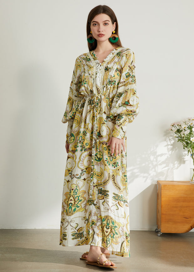 Roiii Women's Bohemian Floral Print Button Down Long Lantern Sleeve Shift Tunic Dress Casual Long Maxi Dress