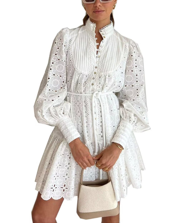 Roiii Women's Bohemian Floral Print Button Down Long Lantern Sleeve Shift Tunic Dress Casual Ruffle Swing Mini Dress