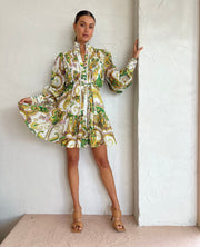 Roiii Women's Floral Print Dress Women Button Up Mini Flowy Bohemian Tunic Short Dresses