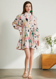 Roiii Womens Summer Spring Casual Boho Dress Floral Print Ruffle Puff Sleeve High Waist Dress With Belt