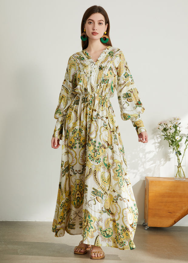 Roiii Women's Bohemian Floral Print Button Down Long Lantern Sleeve Shift Tunic Dress Casual Long Maxi Dress