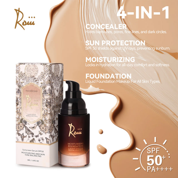 Roiii Lightweight SPF 50 Liquid Foundation - Full Coverage Sunscreen Makeup, Oil-Free & Long Lasting, Hydrating with Hyaluronic Acid for All Skin Types for Gym, Sports, Dancing