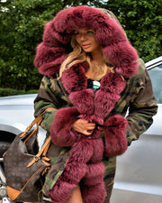 Roiii Thickened Warm Wine Red camouflage Faux Fur Fashion Warm Parka luxury Women Hooded Long Winter Jacket Coat Overcoat Top