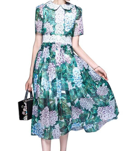 Roiii Spring Womens Elegant Dress Multicolor Short Sleeve A Line Floral Print Boho Dress Lace Chiffon Summer Beach Dresses