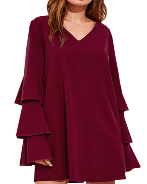 Women Long Tiered Sleeve Casual Chiffon Top V-neck Red Dress