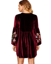 ROIII Fringe Bishop Sleeve Embroidery Drawstring Velvet Dress