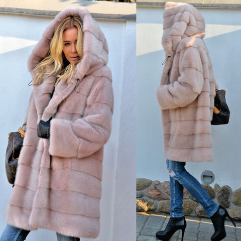 Women Pink Faux Fur Sweet Design Winter Coat