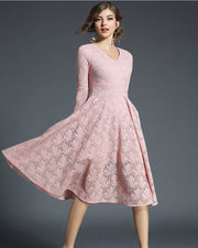 ROIII Sweet Pink Lace V Neck Long Dress