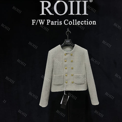 Roiii Womens Double Breasted Plaid Tweed Blazer Coat Light Green Y221013