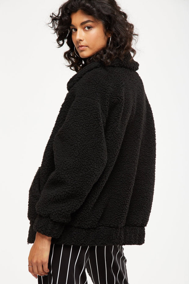 ROIII Winter fashion short Teddy velvet sweater padded warm cardigan coat black color
