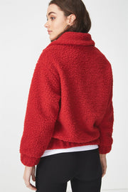 ROIII Winter fashion short Teddy velvet sweater padded warm cardigan coat red  color