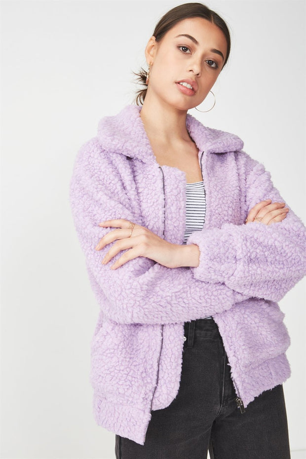 ROIII Winter fashion short Teddy velvet sweater padded warm cardigan coat purple color