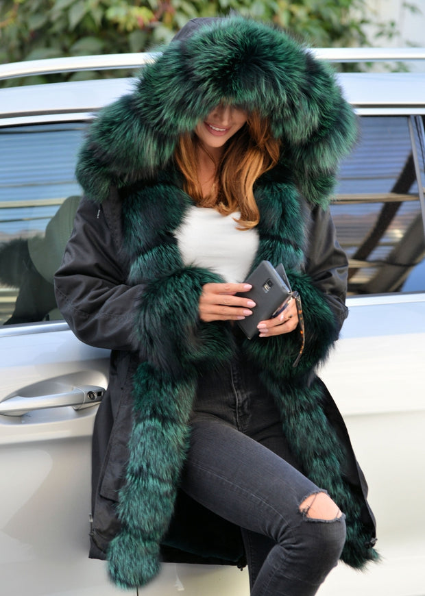 Roiii Thickened Warm Peacock Green Faux Fur Thicken Warm Parka Casual Fashion Women Hooded Long Winter Jacket Coat Overcoat