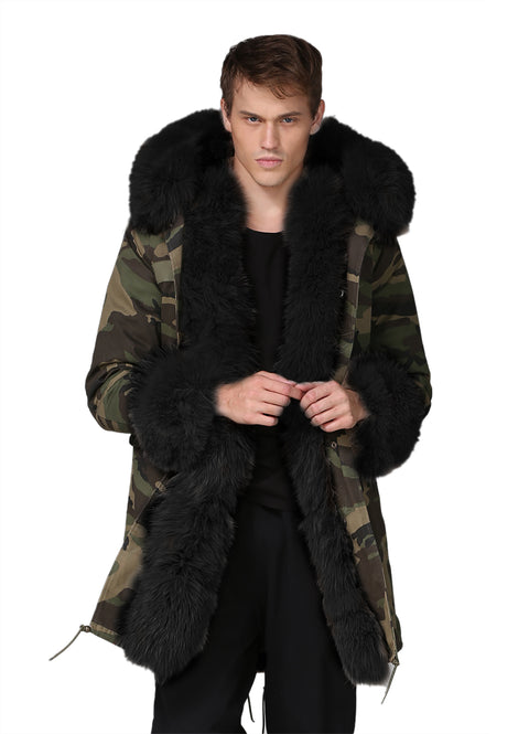 Man Black Fur Camouflage Jacket Overcoat