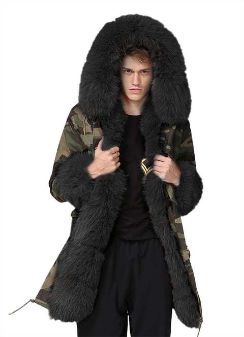 Man Black Fur Camouflage Jacket Overcoat