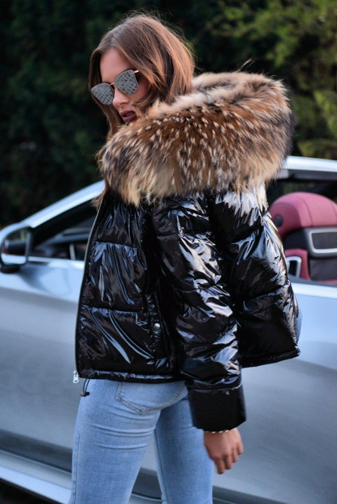 Roiii Women Slim Short Jacket Zipper Faux Fur  Down Parka Outerwear Coat