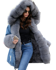 Roiii Women Button Cowboy Faux Fur Collar Winter Warm Long Sleeve Pockets Plu Size Jacket