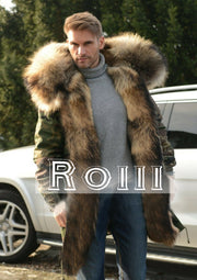 Roiii Men's Casual Faux Fur Hood Thicken Winter Coat Lightweight Snow Jacket Parka