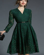 ROIII Fashion Green Lace V Neck Office Lady Dress