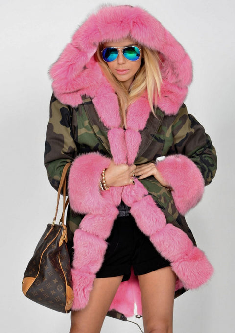 Roiii Thickened Faux Fur Camouflage Hot Pink Parka Women Hooded Long Winter Jacket Overcoat US Plus Size S M L XL XXL 3XL