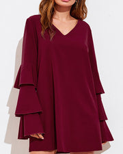 Women Long Tiered Sleeve Casual Chiffon Top V-neck Red Dress