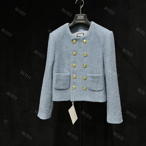 Roiii Womens Double Breasted Plaid Tweed Blazer Coat Light Blue Y221013