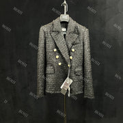 Roiii Womens Double Breasted Plaid Tweed Blazers-Black Y221030