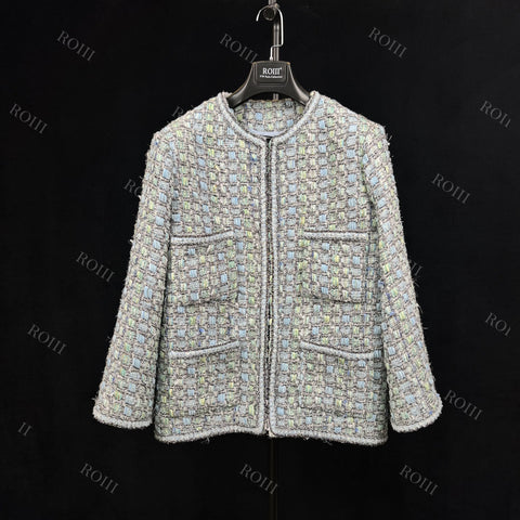 Roiii Women's Plaid Check Tweed Short Jacket Coat Y221022