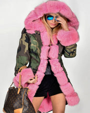 Roiii Thickened Faux Fur Camouflage Hot Pink Parka Women Hooded Long Winter Jacket Overcoat US Plus Size S M L XL XXL 3XL