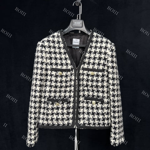 Roiiii Womens Classic Boundstooth Tweed Slim Blazer Jacket Y221128