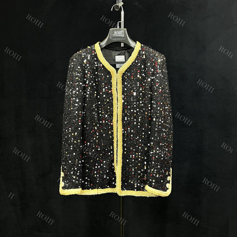 Roiii Women's Tweed Sequin Inlaid Plaid Long Sleeved Blazer Coat Y221019