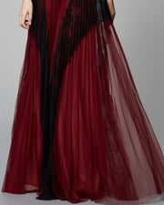 Women Black Lace Insert Color Block Pleated Chiffon Mexi Dress