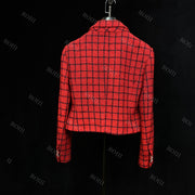 Roiii Lady Tweed Inlaid Plaid Check Blazer Jacket Red Y221020