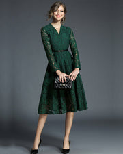 ROIII Fashion Green Lace V Neck Office Lady Dress