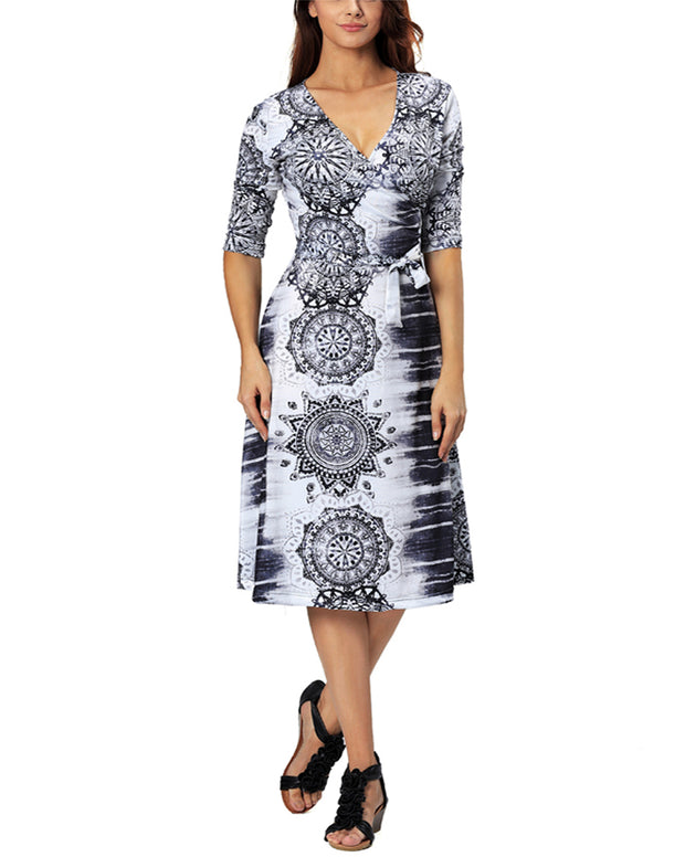 Women Casual 3/4 Sleeve V Neck Loose Tie Waist Boho Midi Wrap Plus Size Summer Dress