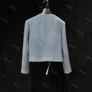 Roiii Womens Double Breasted Plaid Tweed Blazer Coat Light Blue Y221013