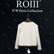 Roiii Women's Patchwork Tweed Blazer Retro Short Jacket Beige Y221018