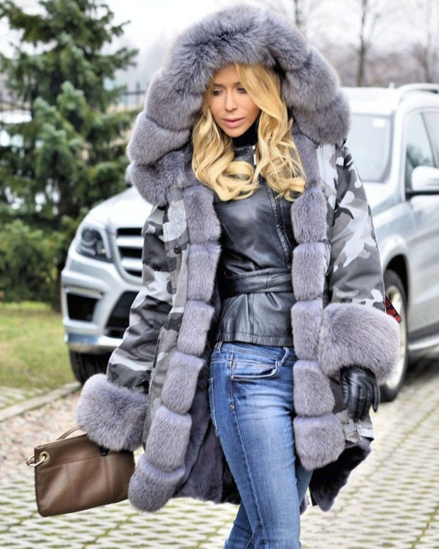 Roiii Thickened Grey Warm Military Amry Style Faux Fur Camouflage Casual  Parka Hood Women Hooded Long Winter Jacket Overcoat