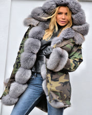 Roiii Thickened Grey Warm Loose  Camouflage Faux Fur Casual Parka Hood Women Hooded Long Winter Jacket Overcoat EU Size 36-50