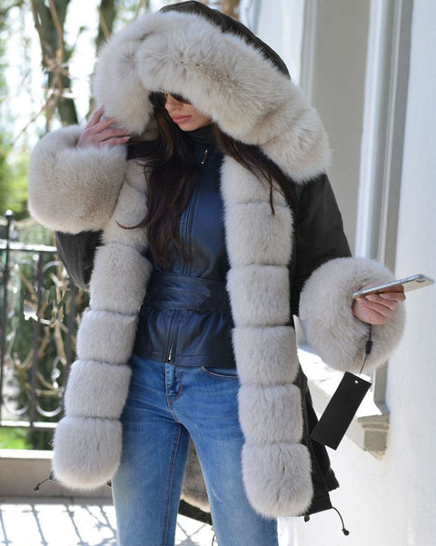 Roiii Thicken Warm Faux Fur Warm Parka Milk White Women Hooded Hip Top Winter Button Jacket Coat Overcoat Size 36-40-48-50