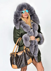 Roiii Thickened Warm Loose AmryGreen Grey Faux Fur Casual Parka Fashion Women Hooded Long Winter Jacket Overcoat EU SIZE 36-50