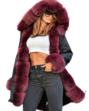 Roiii Women's Thicken Warm Luxury Casual Winter Wine Faux Fur Hooded Plus Size Parka Jacket Coat EU Size 36 38 40 42 44 46 48 50