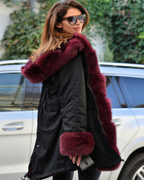 Roiii Women's Thicken Warm Luxury Casual Winter Wine Faux Fur Hooded Plus Size Parka Jacket Coat EU Size 36 38 40 42 44 46 48 50