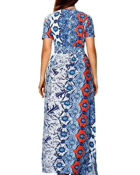 Roiii Women Vintage Blue Print Split Summer High Waist Button Beach Short Sleeve V neck Long Maxi Dress Size 36 38 40 42 44 50