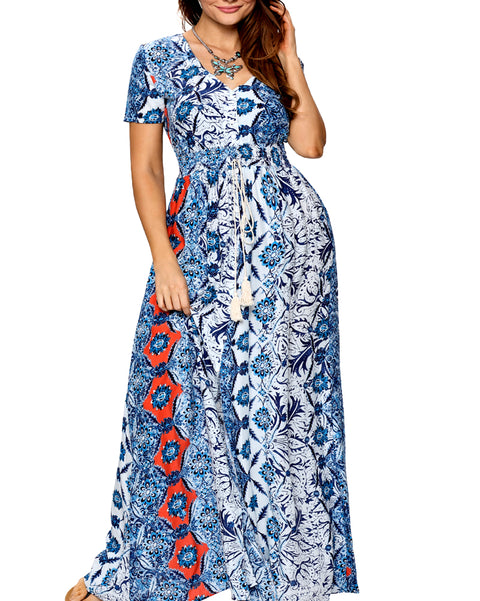 Roiii Women Vintage Blue Print Split Summer High Waist Button Beach Short Sleeve V neck Long Maxi Dress Size 36 38 40 42 44 50