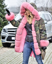 Roiii Thickened Hot Pink Grey Warm Loose Camouflage Faux Fur Casual Parka Hood Women Hooded Long Winter Jacket Overcoat Size