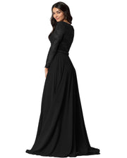 ROIII Women Long-sleeve Lace Bead Shiny Slim Floor-length Black Party Formal Dress