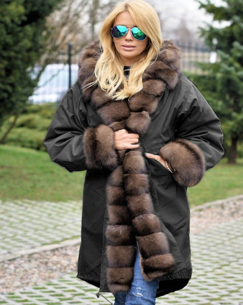 Roiii Thickened Warm Cafe Brown Thicken Faux Fur Fashion Warm Parka Women Hooded Long Winter Jacket Coat Overcoat Snow Wear Coat