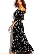Women Polka Dot Belted Long Beach Mexi Dress